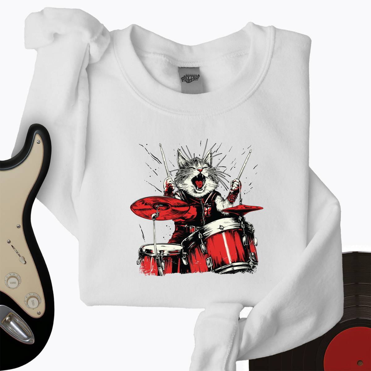Cat Playing Drums Crewneck product image 1