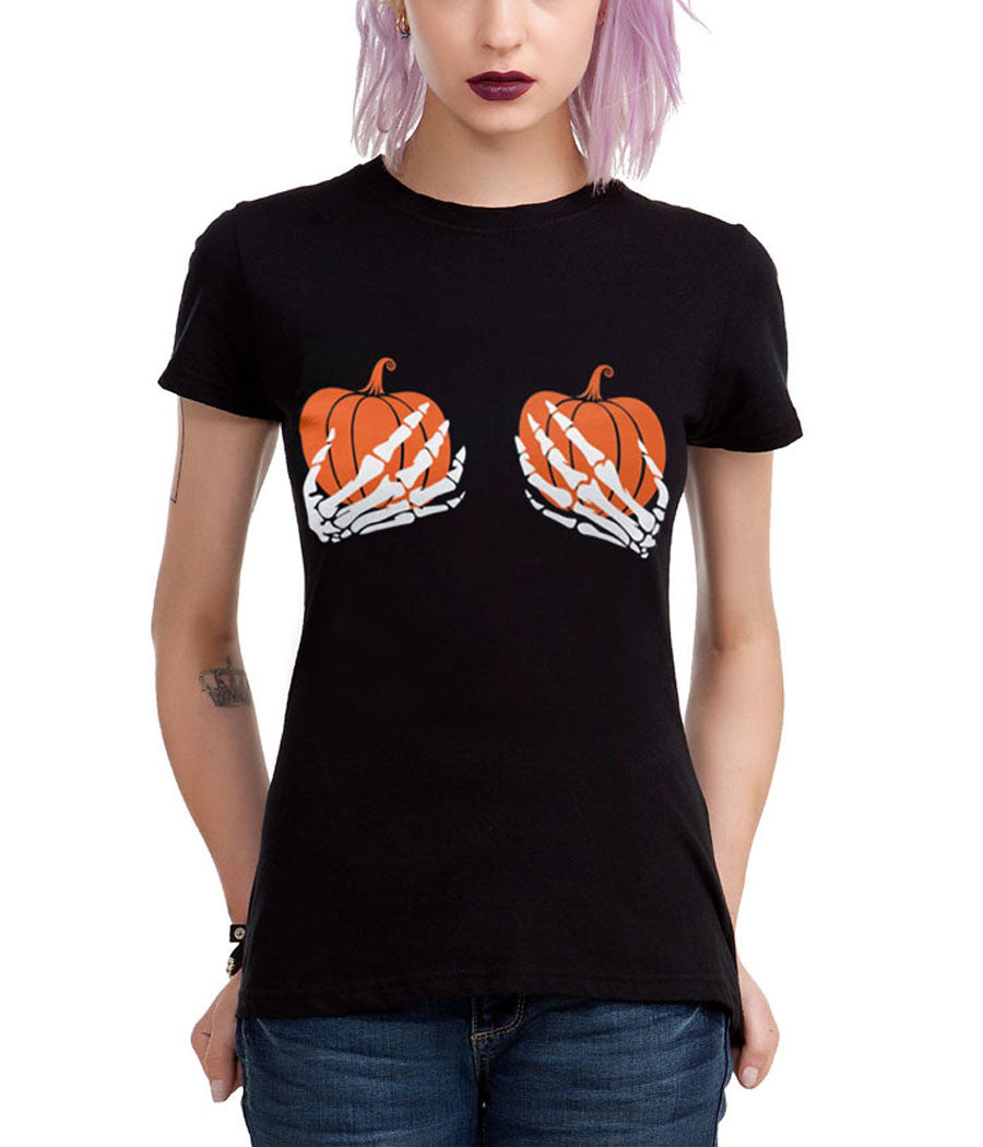 Pumpkin Boobs Skeleton Hands Junior Women's T-Shirt product image 1
